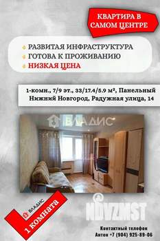 1-к квартира, вторичка, 33м2, 7/9 этаж