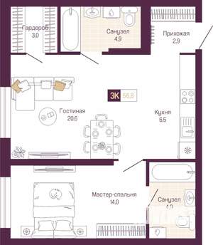 2-к квартира, вторичка, 57м2, 3/14 этаж