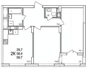 2-к квартира, вторичка, 60м2, 18/19 этаж