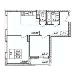 2-к квартира, строящийся дом, 55м2, 16/25 этаж