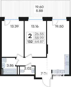 2-к квартира, вторичка, 65м2, 2/13 этаж