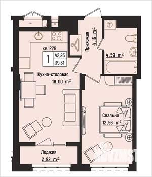 1-к квартира, вторичка, 42м2, 13/15 этаж