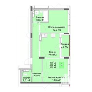 2-к квартира, строящийся дом, 55м2, 8/10 этаж