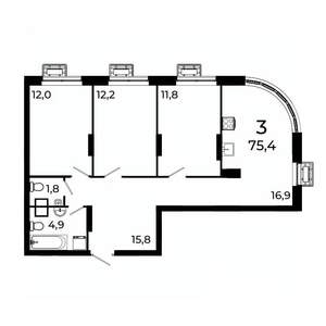 3-к квартира, вторичка, 75м2, 7/19 этаж