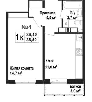 1-к квартира, вторичка, 36м2, 1/17 этаж