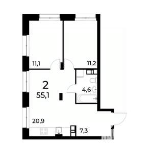 2-к квартира, вторичка, 55м2, 12/20 этаж