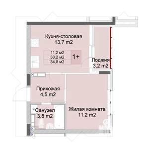 1-к квартира, строящийся дом, 35м2, 7/10 этаж
