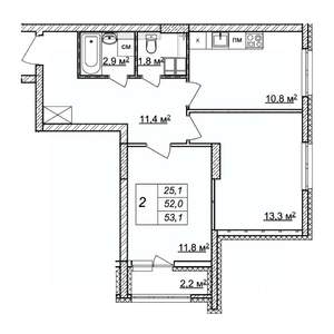 2-к квартира, строящийся дом, 53м2, 24/25 этаж