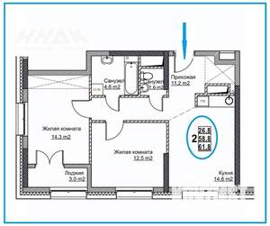 2-к квартира, вторичка, 62м2, 9/24 этаж