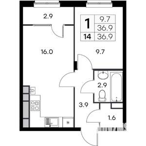 1-к квартира, вторичка, 37м2, 4/4 этаж