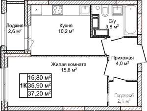 1-к квартира, строящийся дом, 37м2, 14/23 этаж