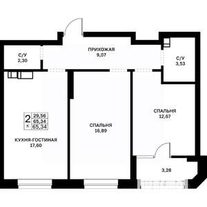 2-к квартира, строящийся дом, 65м2, 3/17 этаж