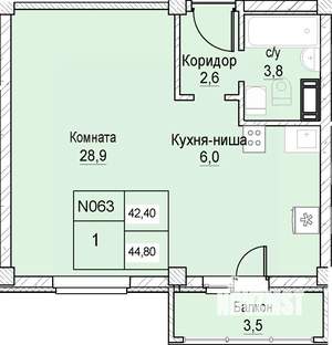 1-к квартира, вторичка, 42м2, 5/12 этаж