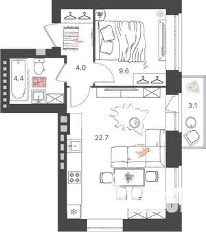 1-к квартира, вторичка, 42м2, 3/4 этаж