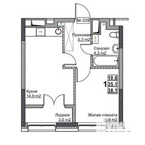 1-к квартира, вторичка, 38м2, 13/24 этаж