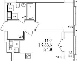 1-к квартира, вторичка, 35м2, 3/25 этаж