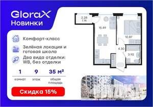 1-к квартира, вторичка, 36м2, 9/9 этаж