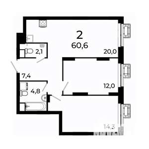 2-к квартира, вторичка, 60м2, 19/19 этаж