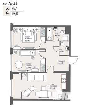 2-к квартира, вторичка, 63м2, 3/25 этаж