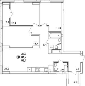 3-к квартира, вторичка, 83м2, 12/25 этаж
