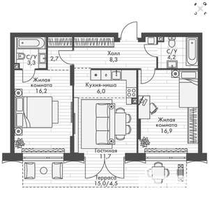 3-к квартира, вторичка, 74м2, 1/16 этаж