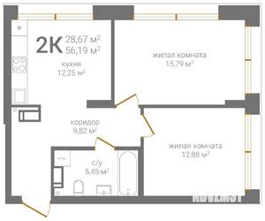 2-к квартира, строящийся дом, 56м2, 21/24 этаж