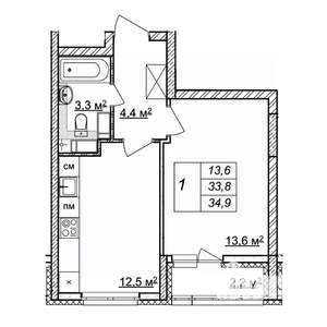 1-к квартира, строящийся дом, 35м2, 19/25 этаж
