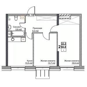 2-к квартира, вторичка, 61м2, 2/24 этаж