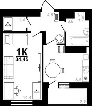 1-к квартира, вторичка, 34м2, 23/25 этаж