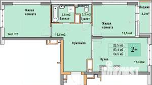 2-к квартира, вторичка, 65м2, 16/25 этаж