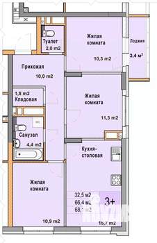 3-к квартира, вторичка, 68м2, 8/25 этаж