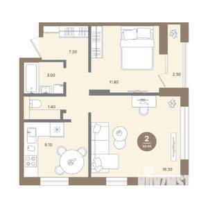 2-к квартира, вторичка, 52м2, 3/18 этаж
