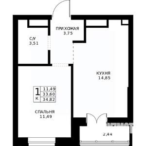 1-к квартира, строящийся дом, 35м2, 21/24 этаж