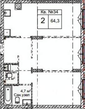 2-к квартира, строящийся дом, 64м2, 1/5 этаж