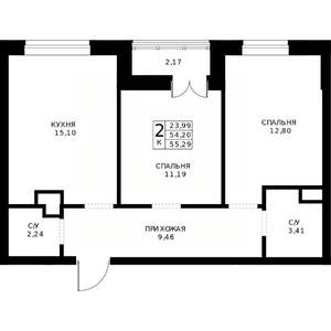 2-к квартира, строящийся дом, 55м2, 8/24 этаж