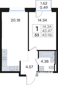 1-к квартира, вторичка, 44м2, 6/13 этаж