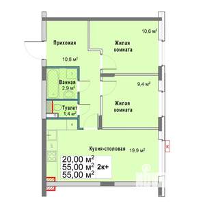 2-к квартира, вторичка, 55м2, 1/12 этаж