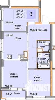 3-к квартира, вторичка, 68м2, 14/25 этаж