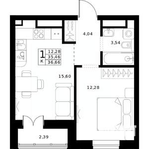 1-к квартира, строящийся дом, 37м2, 24/24 этаж